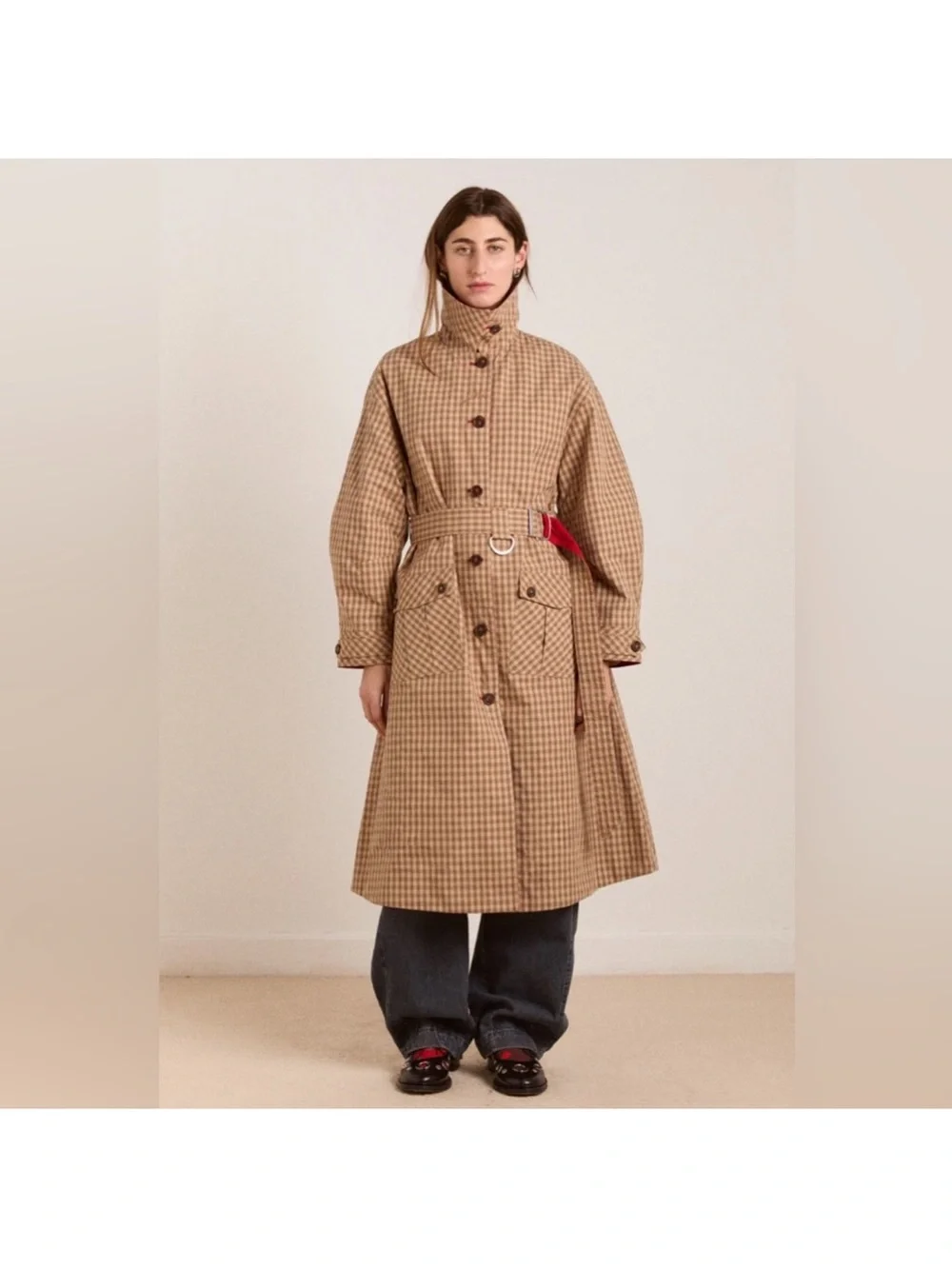 Damson Madder Reversible Red and Tan Check Women's Trench Coat oversized - Picture 3 of 16